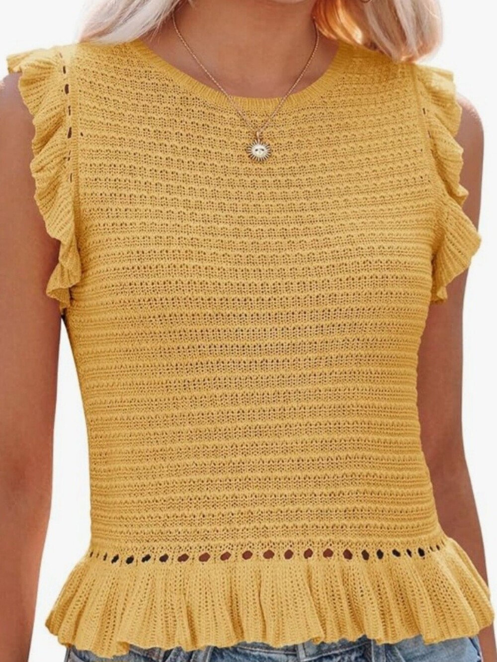 Ruffled Sleeve Crewneck Sweater in Yellow